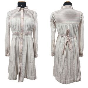 Warm NY White Stripe Pleated Knee Length Shirt Dress Tie Waist Long Sleeve M